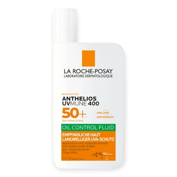 ضد آفتاب فلوئیدی مات ضد آکنه لاروش پوزای LA ROCHE POSAY مدل آنتلیوس یووی مون ANTHELIOS UV MUNE 400  مناسب پوست های چرب و دارای جوش حجم ۵۰ میلی لیتر